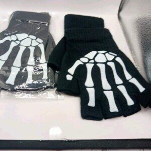 Skeleton Print Fingerless Goth Gloves-Black TWO Pair Unisex New